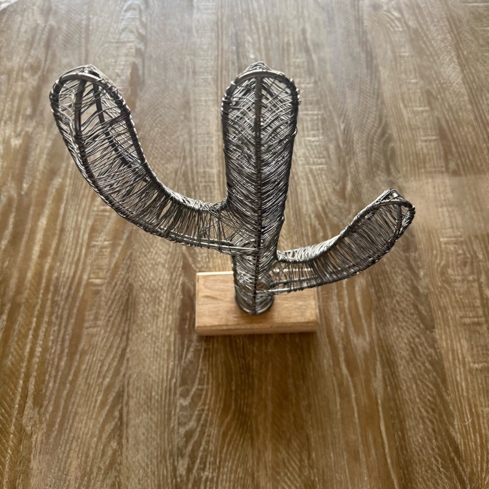 Wire Cactus Sculpture with Wooden Base - Picture 2 of 3